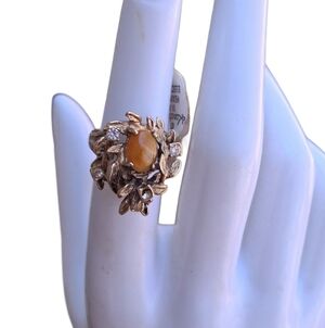 VINTAGE Karatclad 14KT GE Gold Ring Genuine Tiger Eye Floral Cluster